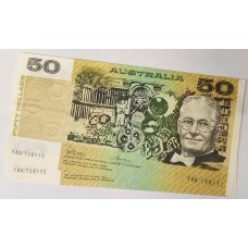 AUSTRALIA 1973 . FIFTY 50 DOLLARS BANKNOTE . PHILLIPS/WHEELER . ERROR . INK TRANSFER . CONSEC PAIR